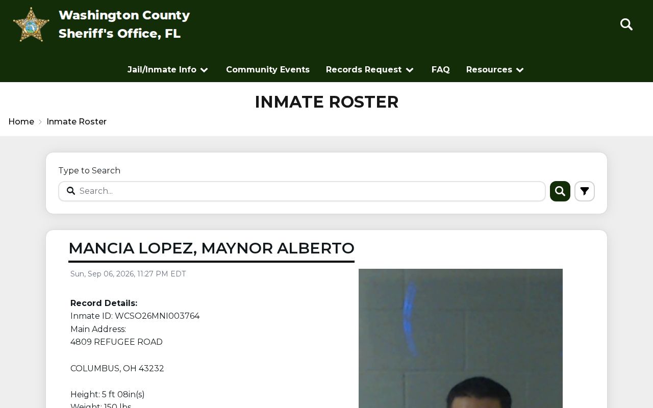 Official Washington County inmate roster search interface