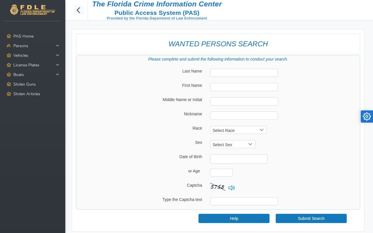 Florida FDLE wanted persons warrant search form