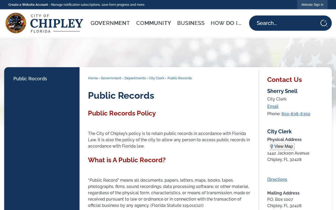 Chipley Police arrest records request page for Washington County Florida