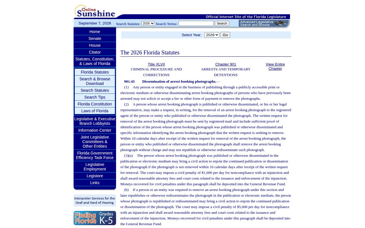 Florida Statutes section 901.43 official mugshot removal law page